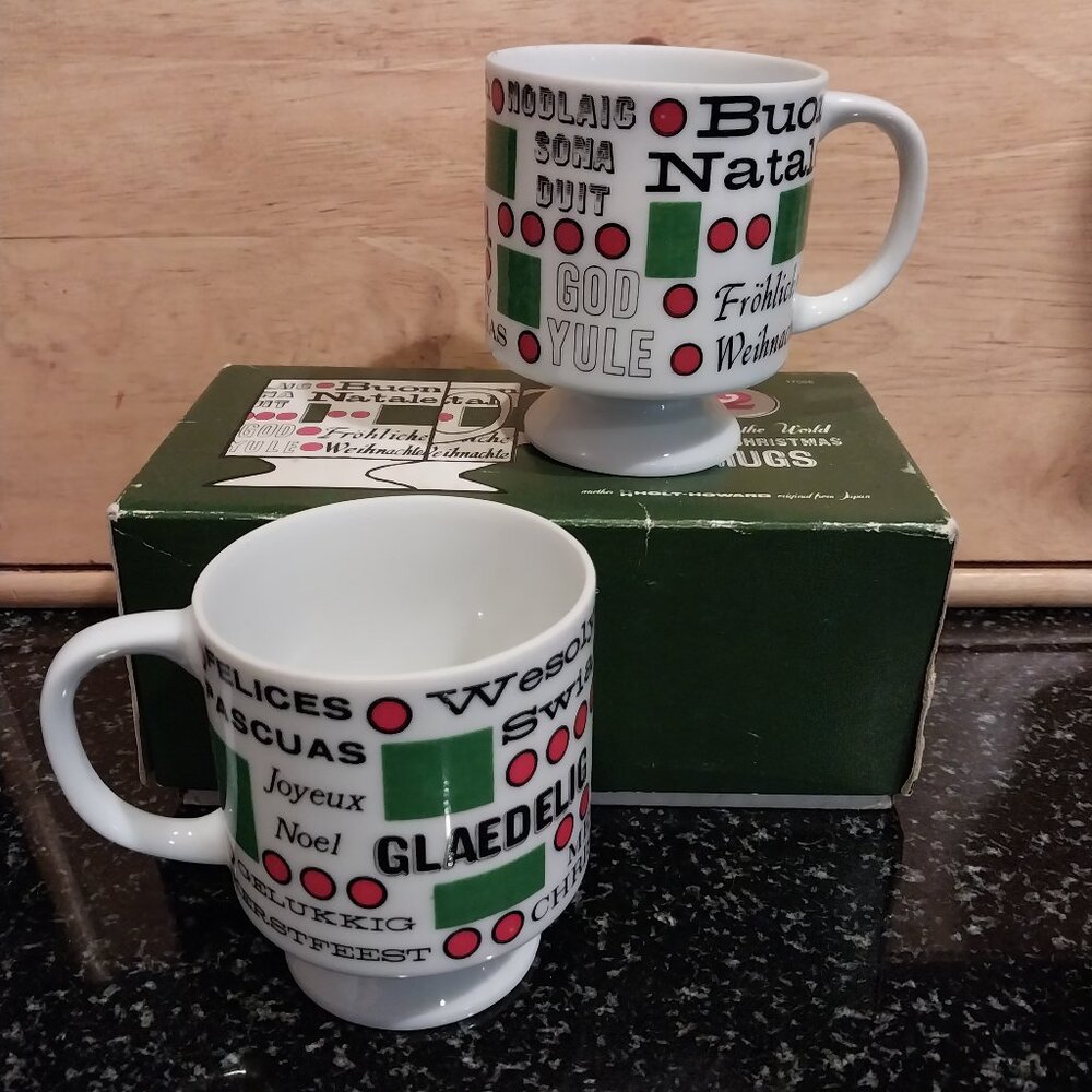Vtg 60s Holt Howard Round The World Christmas Ceramic Mugs Boxed Pair